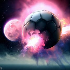 a photo realistic soccer ball as a planet in space with pink smoke and explosions.