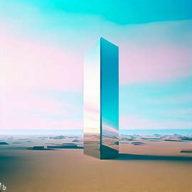 a mirror monolith standing in the desert, light blue and pink sky.
