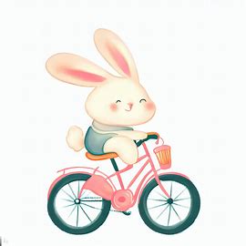 A cute and whimsical illustration of a bunny riding a bicycle.