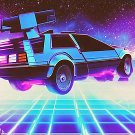 Back to the future Delorean flying space, synth wave, digital art.