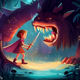 Illustrate a scene from a fairy tale, featuring a brave hero and a monster.