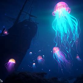 Create a glowing jellyfish scene above a shipwreck.