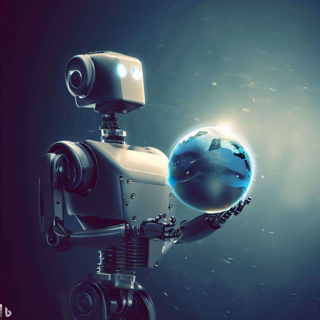 robot holding globe