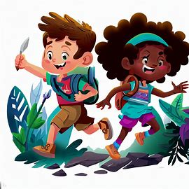 Design a fun and quirky cartoon of a boy and a girl on a wild adventure together.