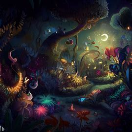 Design a magical garden with plants and creatures that come to life at night.