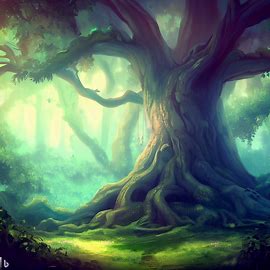 Magical forest scene with giant tree.