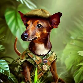 A brown rat terrier dressed as a jungle explorer, digital art