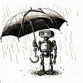 Rainy dat Robot holding an umbrella.