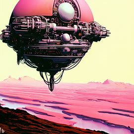 a mechanical sphere floating over a pink desert, 1970's sci fi, illustration by Moebius