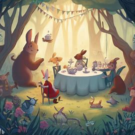Create a whimsical illustration of a tea party hosted by animals in a forest clearing.