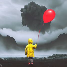 Boy in Yellow rain coat with red balloon in hand.