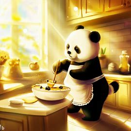 a panda bear baking a cake in a sunny kitchen, digital art.