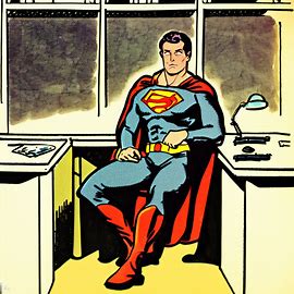 Superman sitting at a cubical