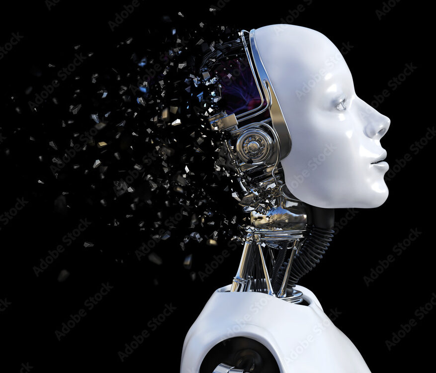 3D rendering of female robot head that shatters.