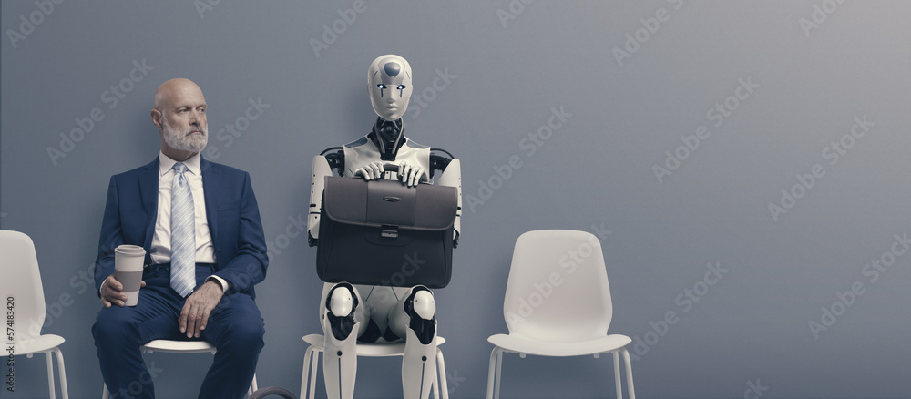 Man and AI robot waiting for a job interview