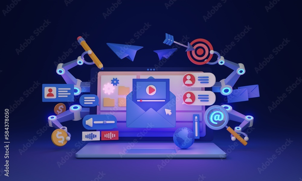 Marketing automation as ad tech social media software 3D illustration concept. Creating post content and publishing effective story using AI technology. Effective artificial intelligence internet tool