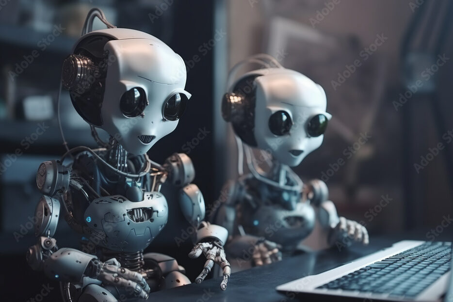 Two cute robots look at the computer. Artificial intelligence, Chat GPT, Chatbot