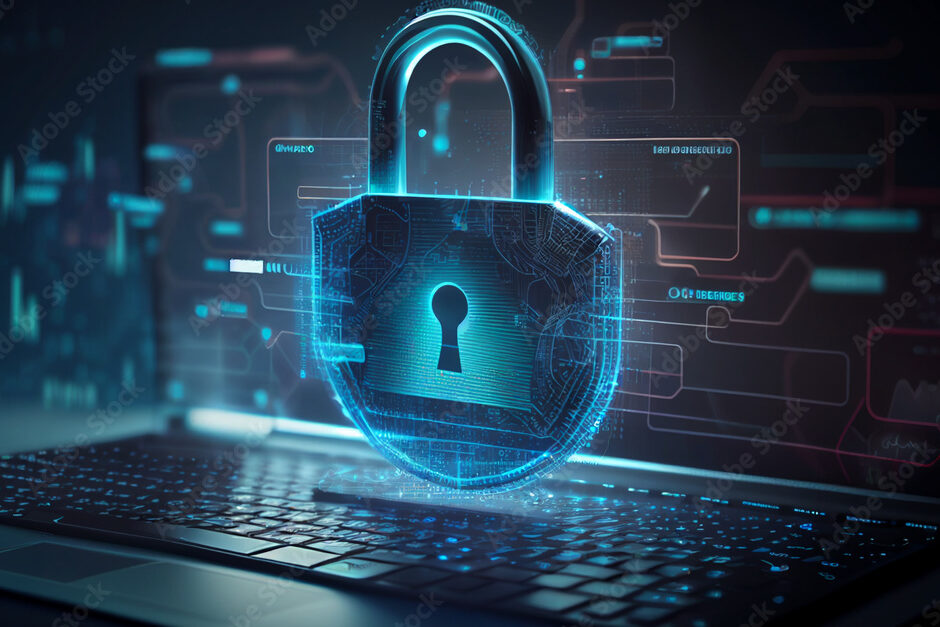 3D illustration of cyber security with high-tech padlock protecting a laptop computer on a desk.