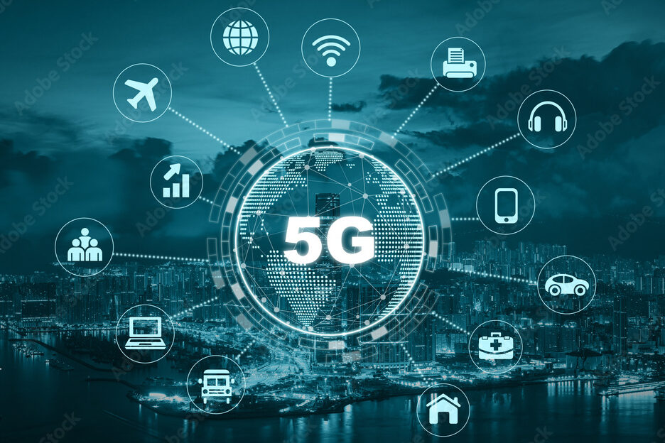 5G technology with earth dot in center of various icon internet of thing over the Aerial View of Hong Kong Cityscape, Wireless communication connection network concept.