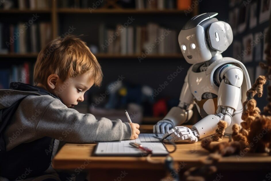 A robot helping with the homework, future of AI, children. Generative AI