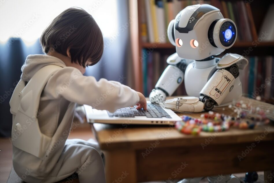 A robot helping with the homework, future of AI, children. Generative AI