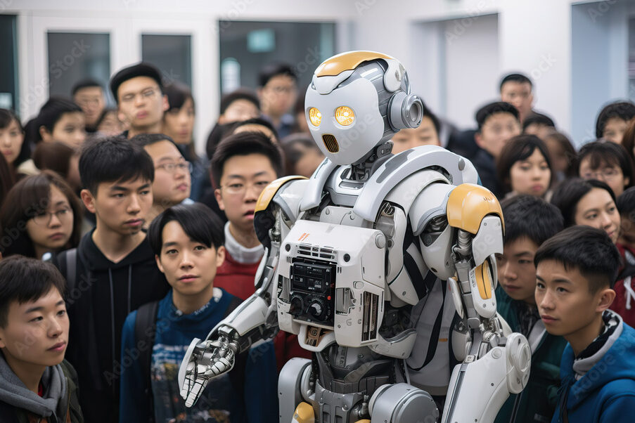 A robot interacting with a group of people in an educational setting