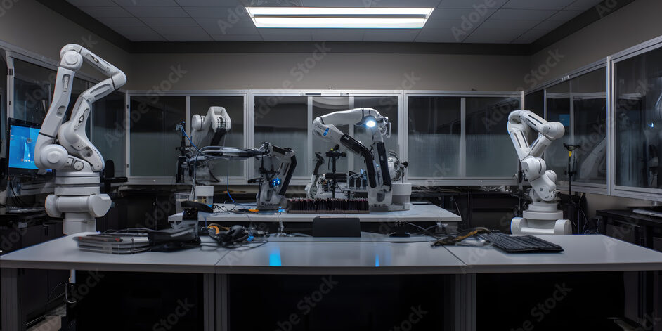 A shot of a university robotics lab with a humanoid robot one  created with generative AI