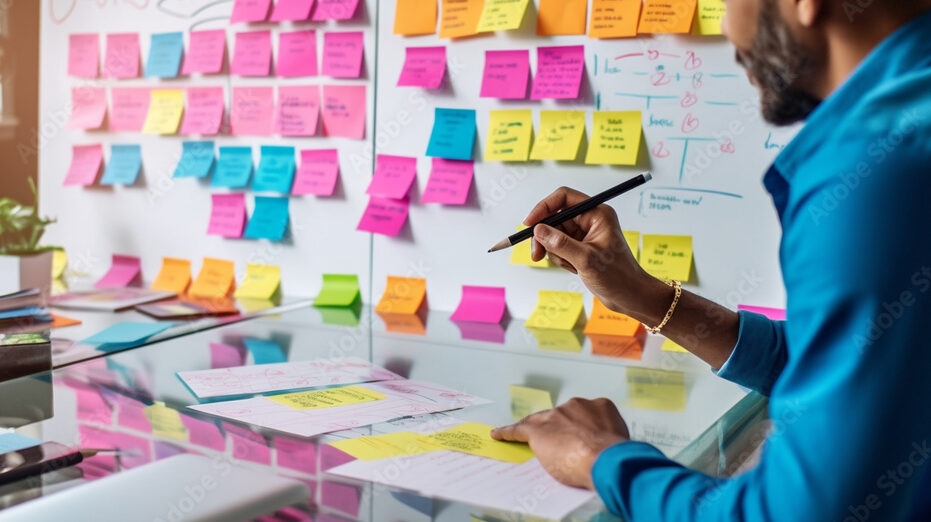 A software developer brainstorming ideas on a whiteboard, surrounded by colorful sticky notes and diagrams, mapping out the next innovative project Generative AI