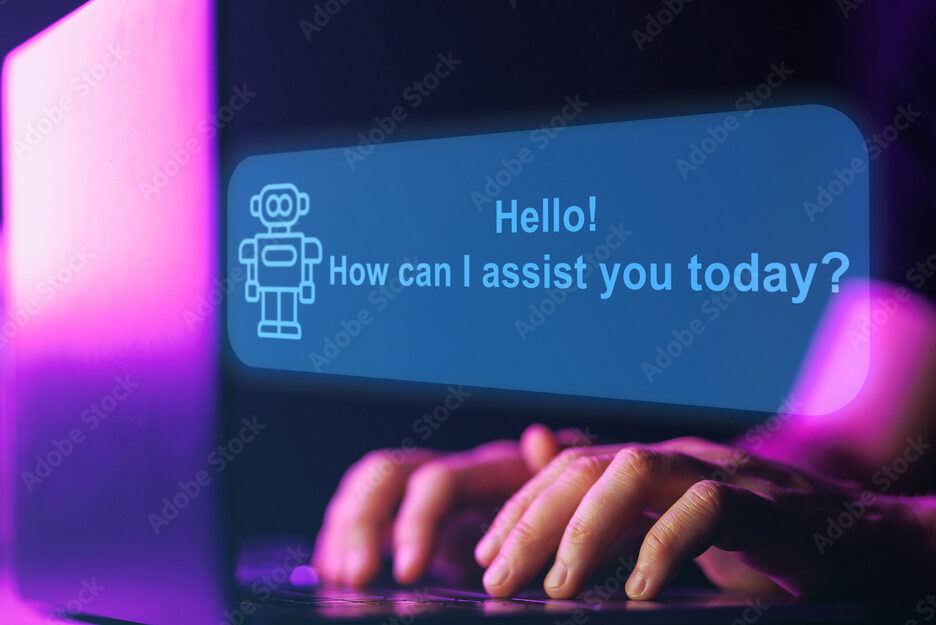 AI Chatbot assistant. Artificial intelligence robot chat with human. Close up shot of hands and laptop keyboard