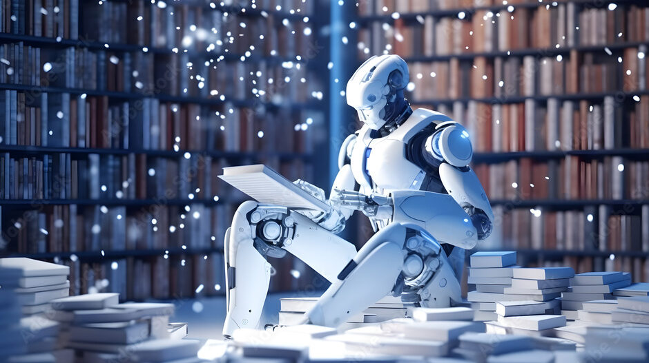 AI humannoid robot reading book in library. Artificial intelligence, Machine learning, Innovation, futuristic technology concept. Generative AI