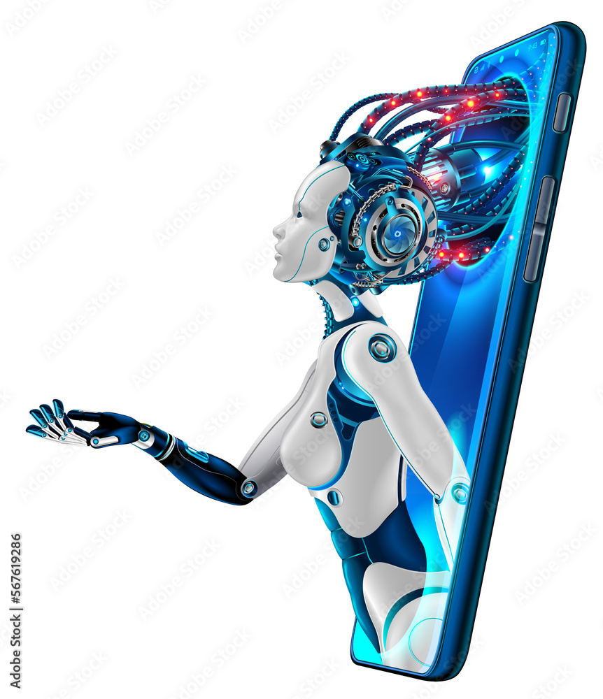 Artificial intelligence provide access to information and data in online networks via smartphone. AI in the form of woman cyborg or bot coming out of the screen phone and offers to use digital mind