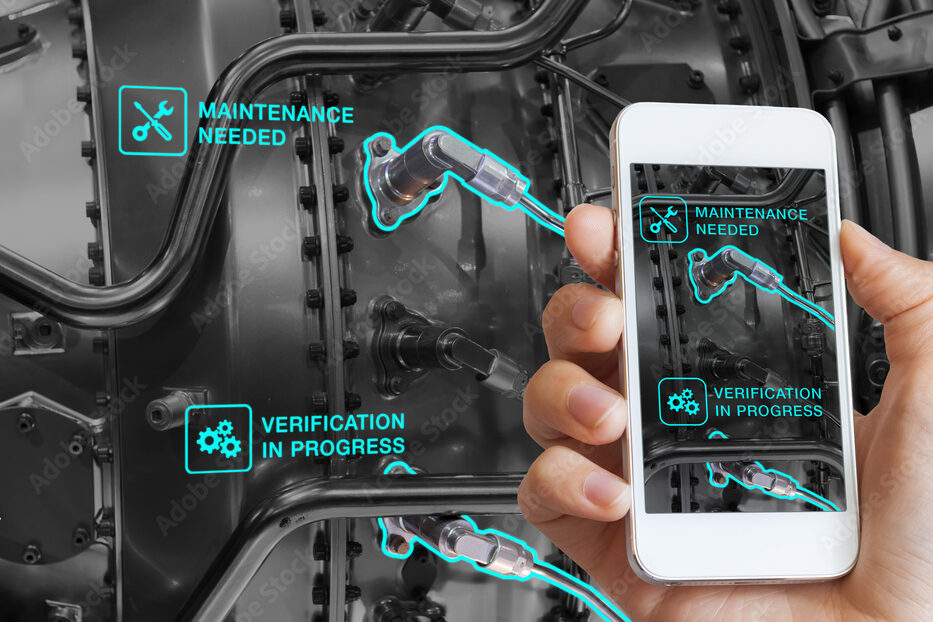 Augmented Reality technology maintenance, technician using smartphone, AR interface, monitoring