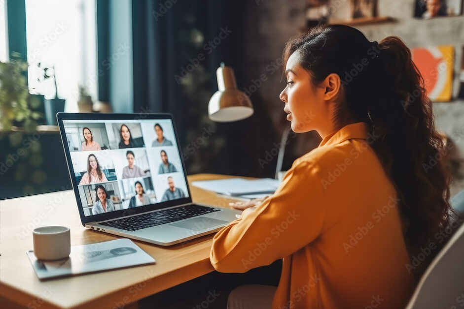 Back view of female employee talking on video call with colleagues. Working from home concept. Generative AI