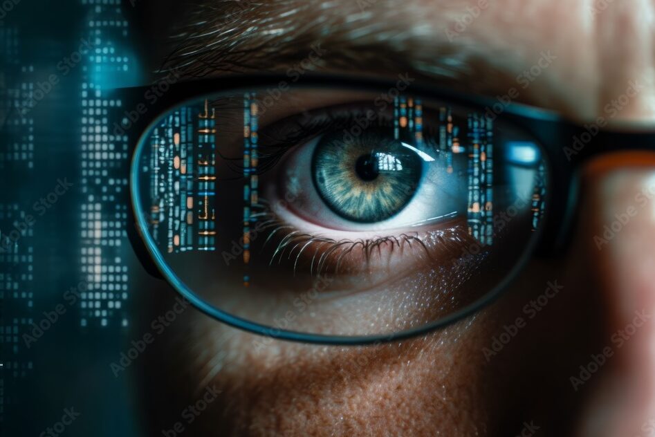 Close-up of Eyes and Glasses with Tech Reflection, Cyber Security Concept, AI Generative