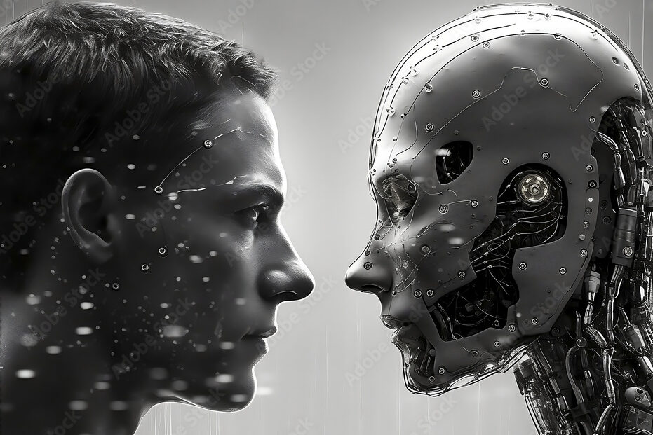 Close-up of young man vs AI. Generative AI.