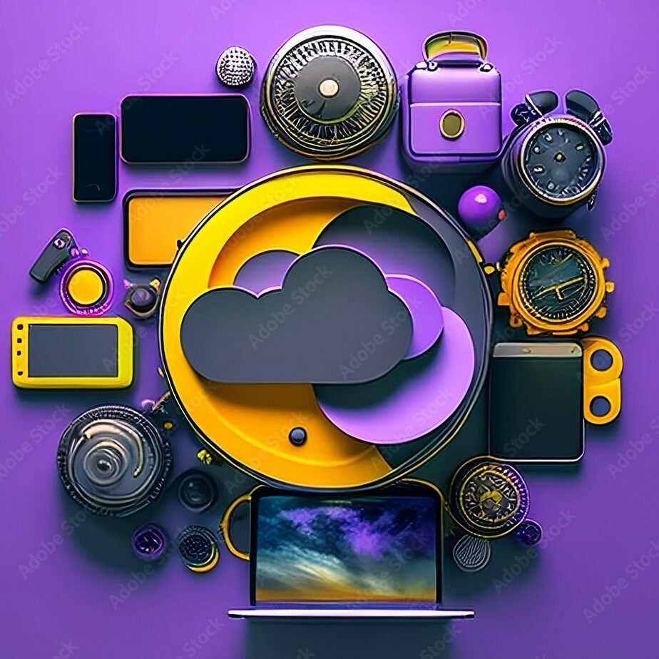 Cloud Computing Conceptual Illustration. Cloud surrounded by Electronic Gadgets, Advertisement, Banner, E-Learning, Creative, Purple, Yellow.