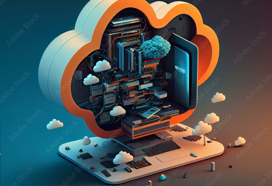 Cloud Computing creative illustration. 3D, 4k quality, High Resolution. Generative AI