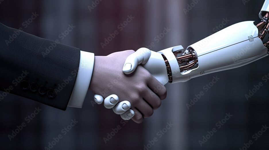 Collaboration of Innovation Robot and Businessman in Handshake, Symbolizing Human-Robot Relationships. created with Generative AI