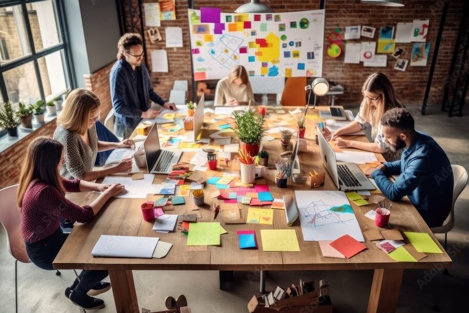 Collaborative creative business desk with a large communal table, whiteboards, and post-it notes, promoting teamwork and idea-sharing among creative professionals - Generative AI