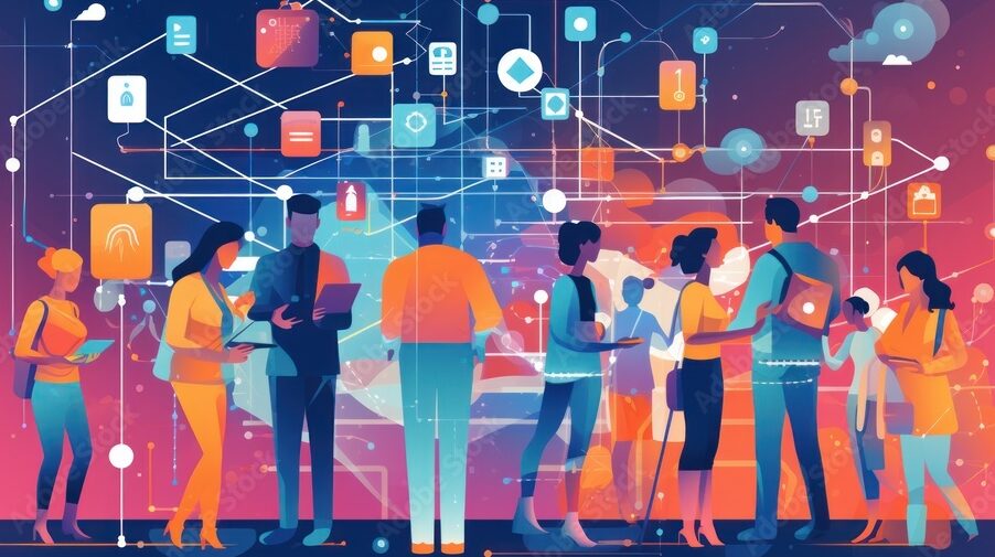 conceptual modern style illustration of people working in network, interacting with social media and interconnected to each other, ai tools generated image