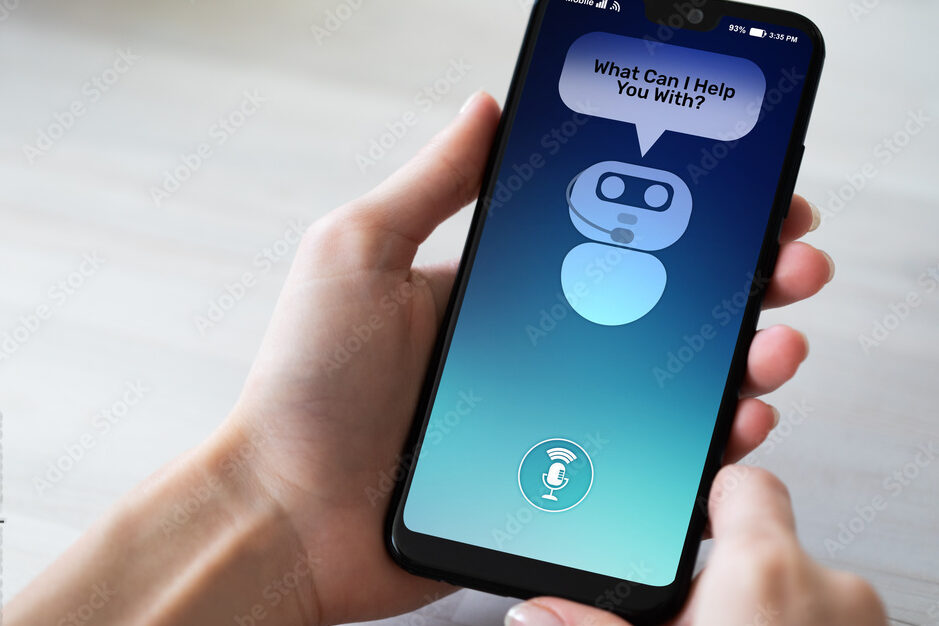 Customer and chatbot dialog on smartphone screen. AI. Artificial intelligence and service automation technology concept.