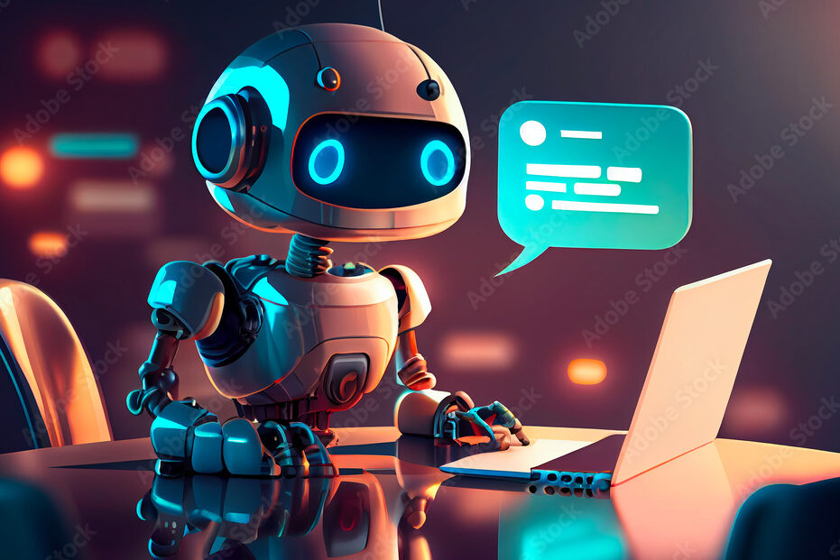 Cute Robot working with laptop and speech bubble in dark room. Generative AI