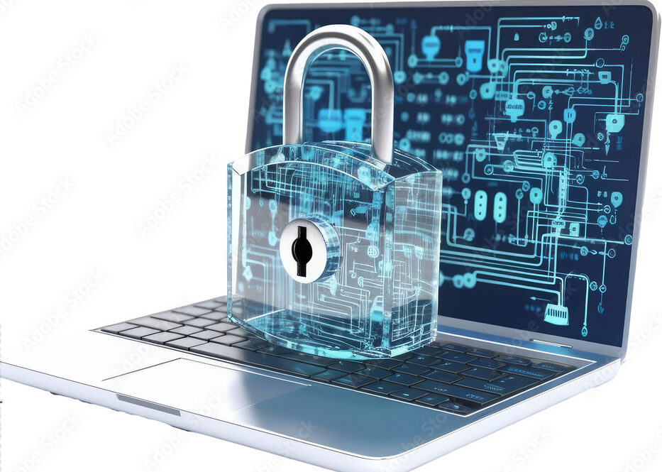 Digital padlock in front of a laptop computer as concept for cyber security and data protection, isolated on a white background, generative AI technology