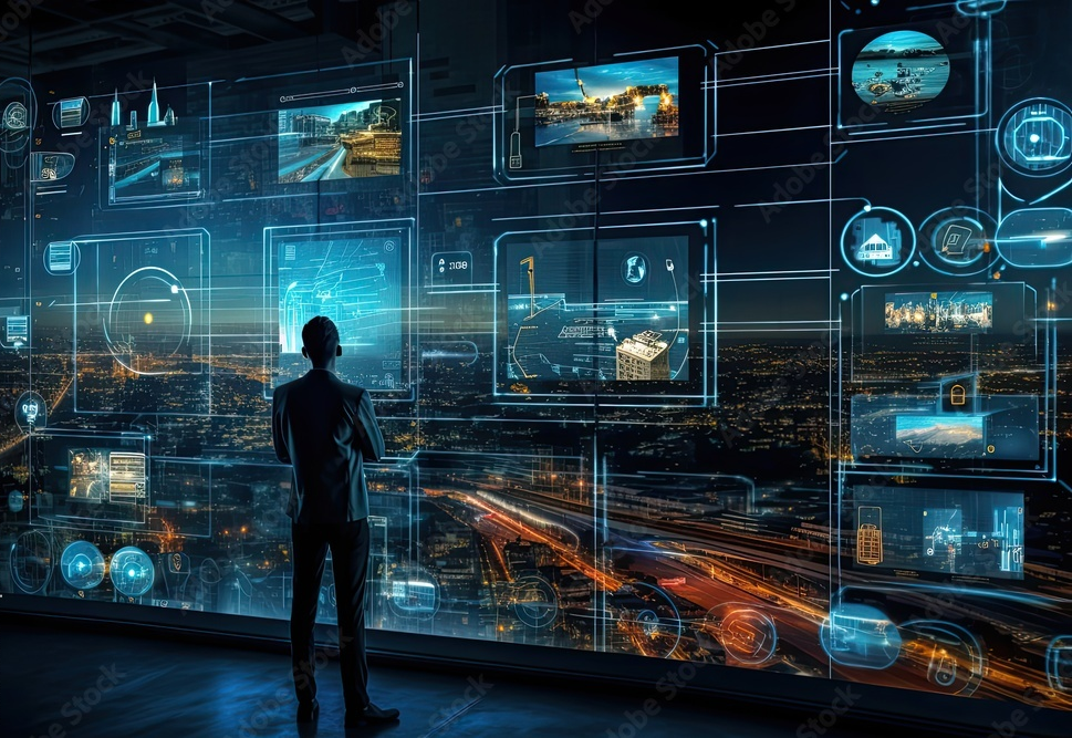 Technology industrial business process workflow organisation structure on virtual screen, IOT smart industry concept mixed media diagram, touch transparent screen. Generative AI technology.