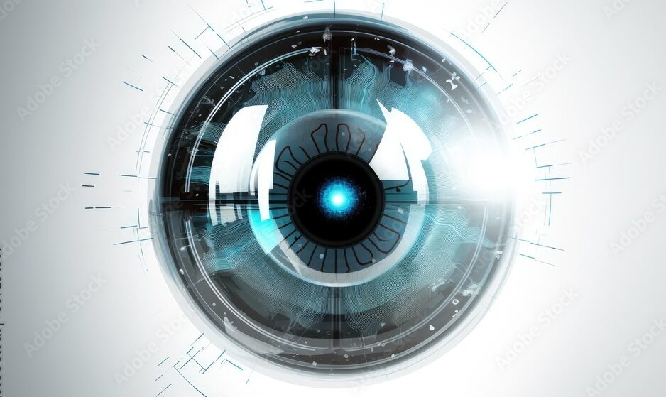 Future technology, blue eye light cyber security concept. Creating using generative AI tools