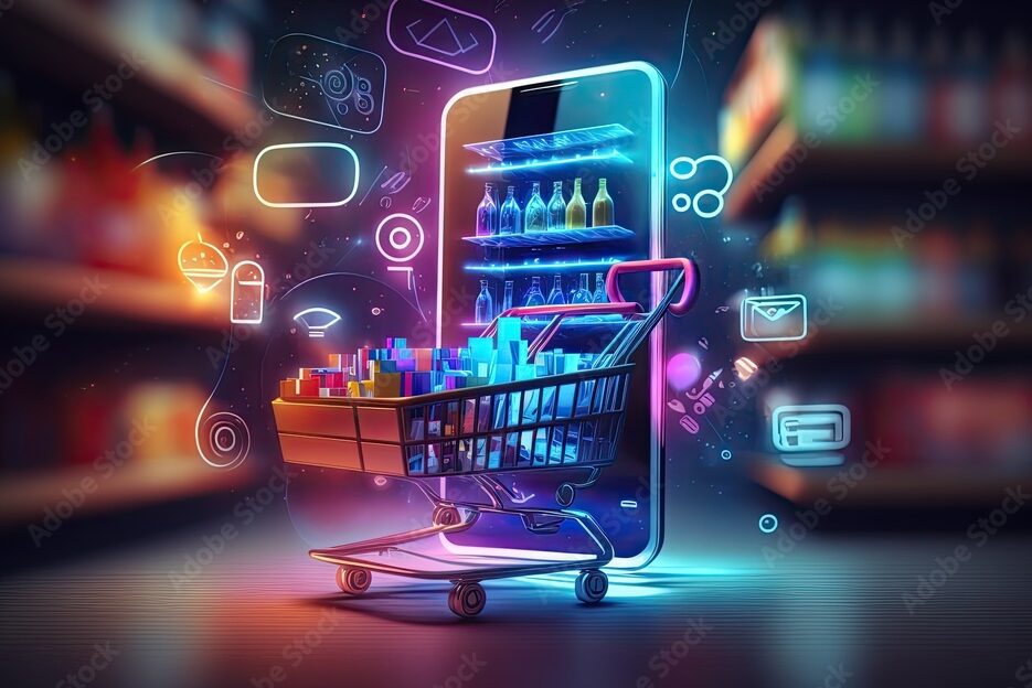 Futuristic online shopping technology digital payment from mobile phone. Generative AI