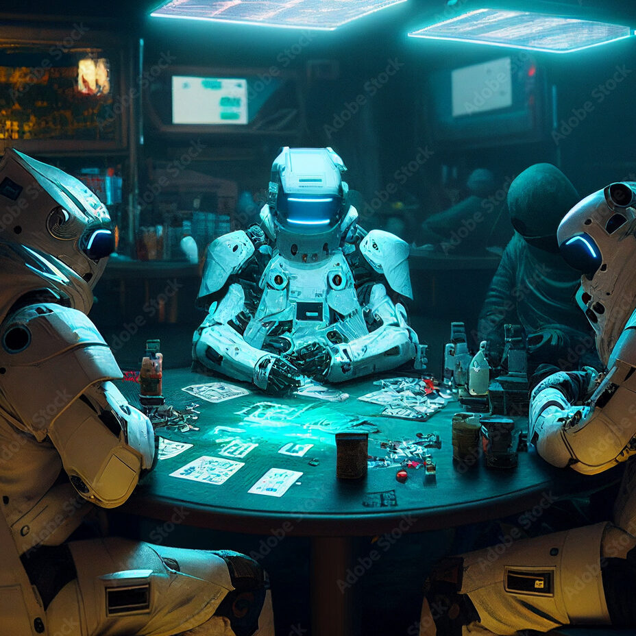 Futuristic robots playing poker in space under blue lights, digital art style, generative ai