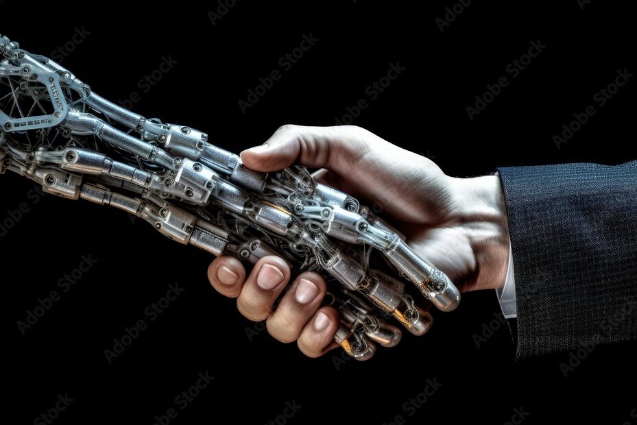 Human hand shakes artificial intelligence robotic hand, concept of union between human being and artificial intelligence, Generative AI