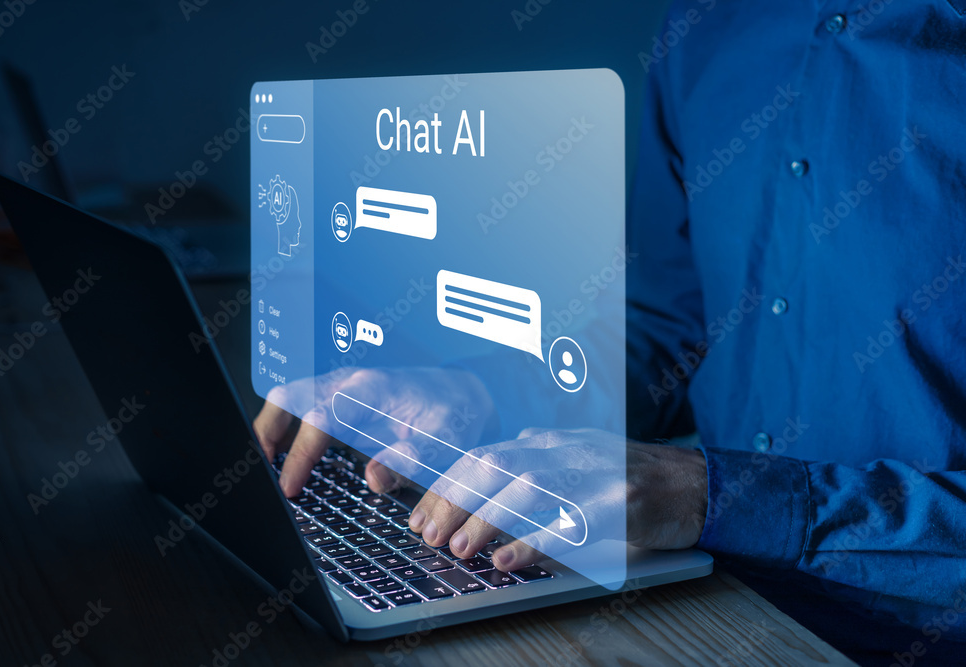 AI chat bot conversation using artificial intelligence technology to answer user. Chatbot virtual assistant, generative AI, customer support. Person typing prompt on laptop. Chat interface.