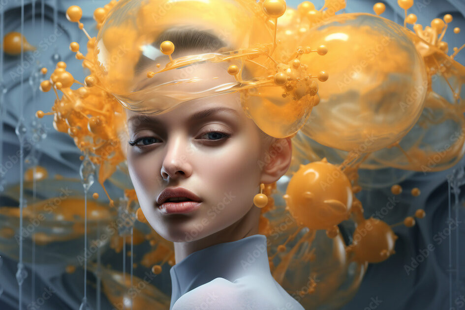 Photo artwork develop picture of adorable shiny woman covered yellow blobs smoke made with generative ai visual effect